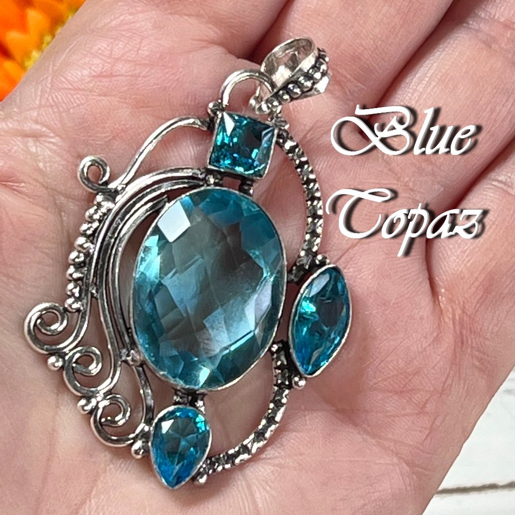 Blue Topaz Pendant Handmade Long Gemstone Crystal 925 Silver Bohemian Ethnic New
